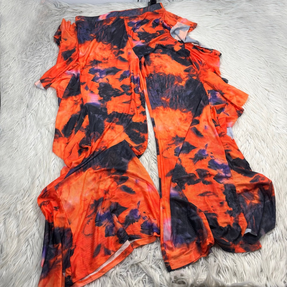Love Highlight Women's XL Orange Tie Die Mesh Ruffle Side Wide Leg Pant Festival